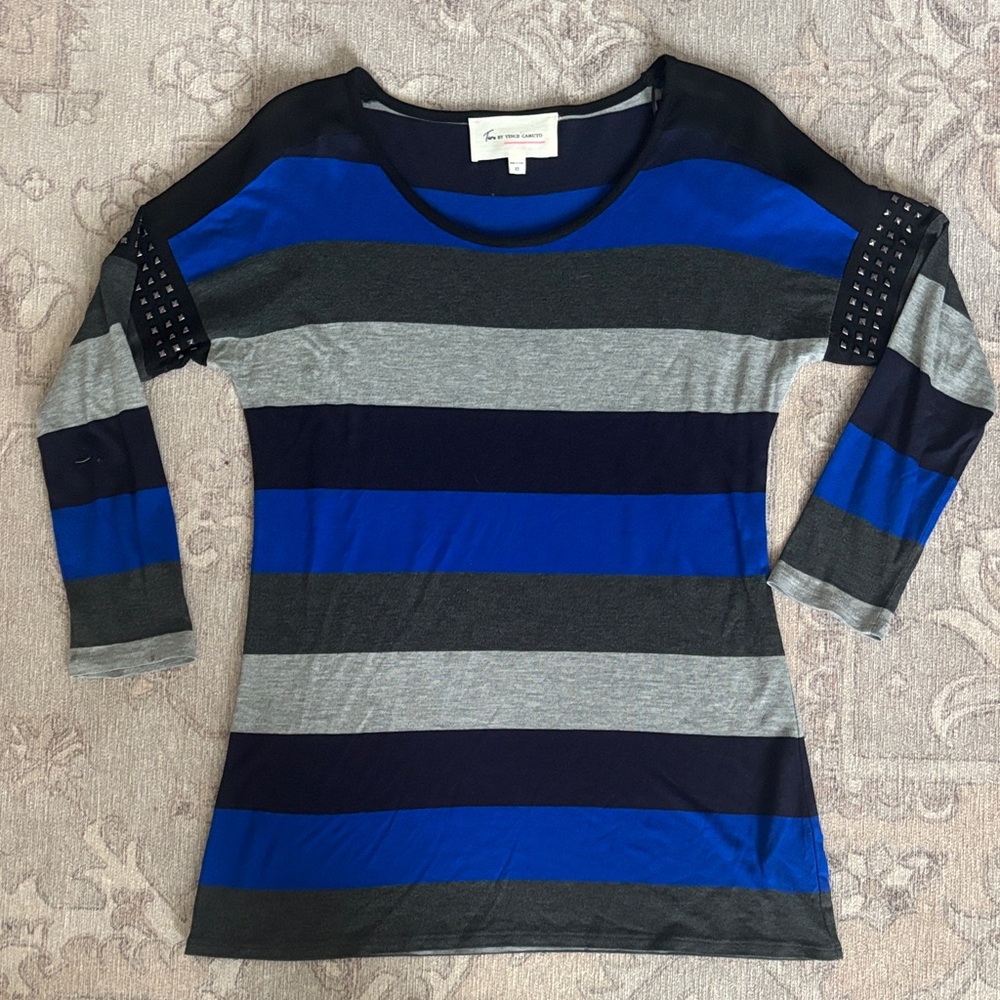 Vince Camuto Blue, Gray & Black Striped Long Sleeve Top
